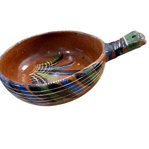 Terra Cotta Pottery Pot Pan Handled Hand Painted